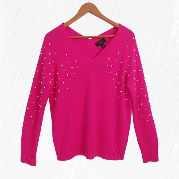 Charter Club Pink Cashmere Sweater Double V-Neck Pearl Embellished Feminine - Picture 8 of 10